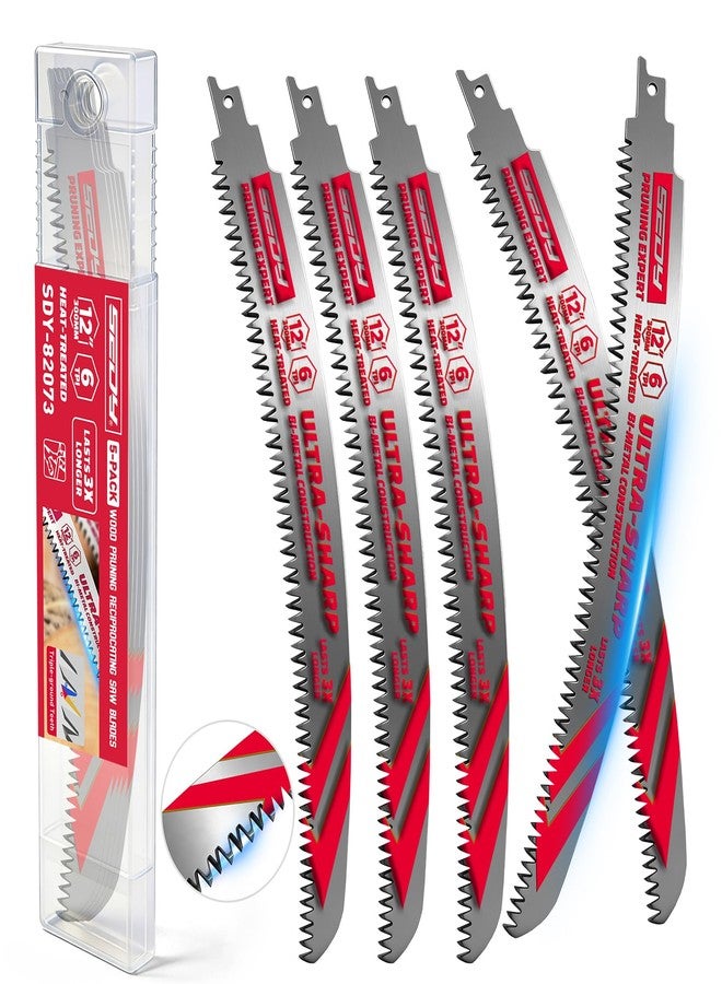SEDY 12 Inch Japanese Teeth Reciprocating Saw Blades, 6TPI Arc Edge Wood Pruning Saw Blades Set with Storage Box for Tree Trimming, Wood Cutting, 5 Pack - Image 1
