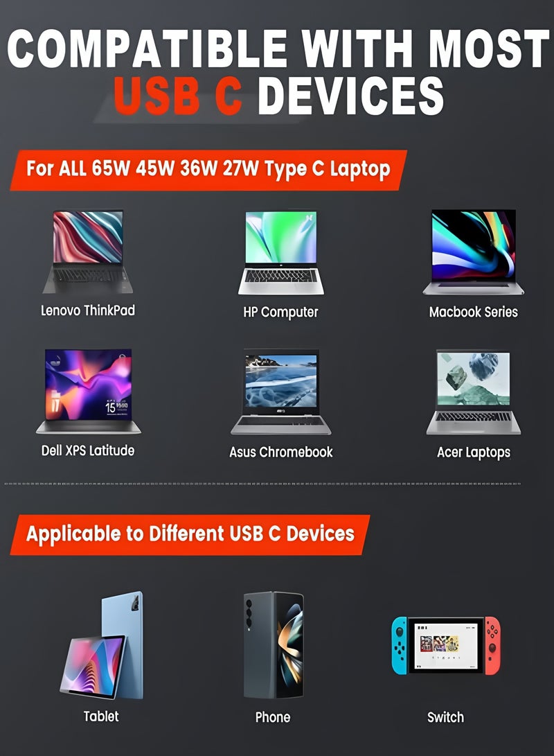 أبلينم شاحن لابتوب 65 واط 45 واط بمنفذ USB-C متوافق مع أجهزة Lenovo ThinkPad T480 T570 E490 E580 T14 T15 Chromebook 300e 500e Yoga C930 HP Elitebook 1030 1040 Zbook 14u 15u Dell ASUS Acer محول طاقة - Image 2