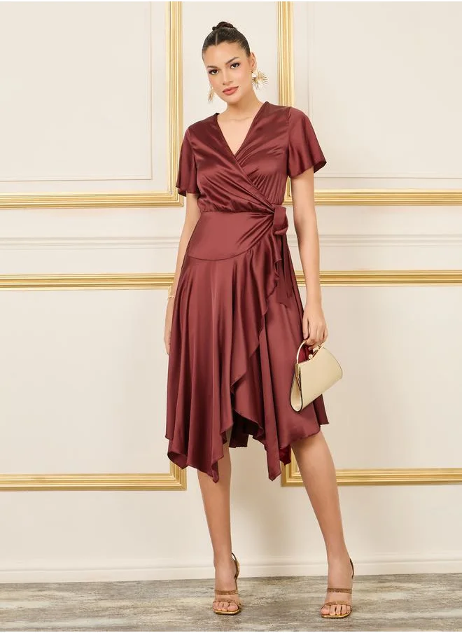 Styli Satin Frill Asymmetric Hem Wrap Midi Dress