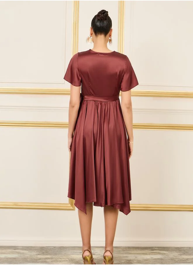 Styli Satin Frill Asymmetric Hem Wrap Midi Dress