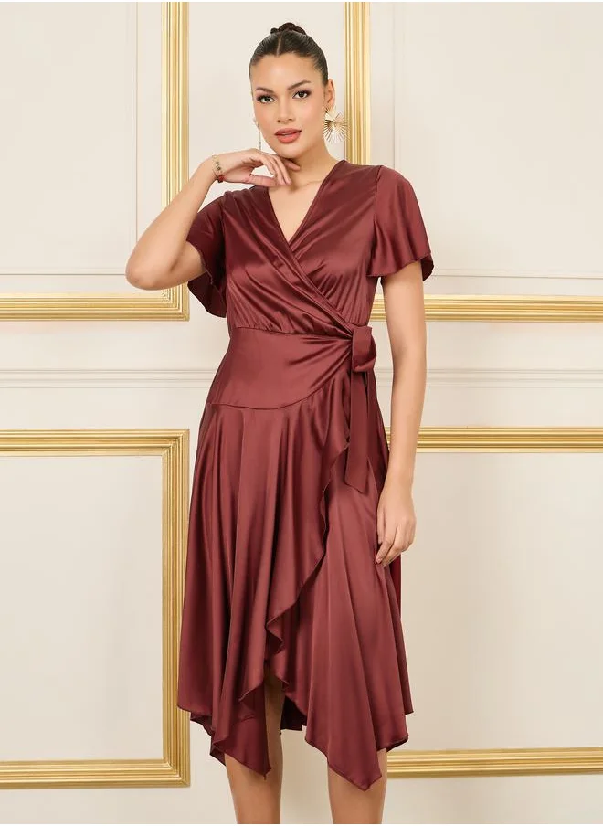 Styli Satin Frill Asymmetric Hem Wrap Midi Dress