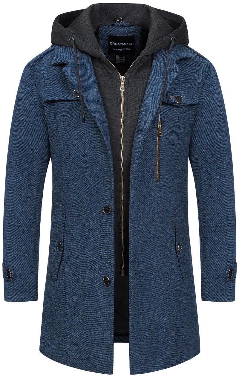 CREATMO US Men's Winter Pea Coat Hip Length Fall Winter Mens Wool Jacket Formal Slim Fit Business Overcoat For Men Navy Blue M - Image 1