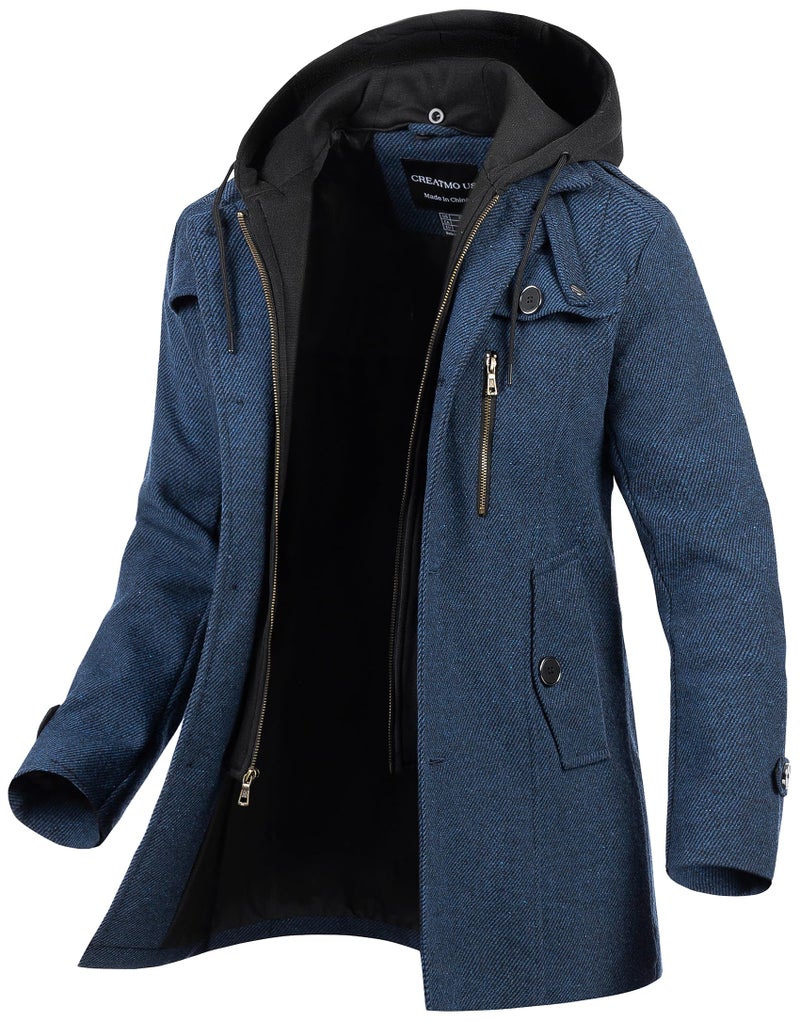 CREATMO US Men's Winter Pea Coat Hip Length Fall Winter Mens Wool Jacket Formal Slim Fit Business Overcoat For Men Navy Blue M - Image 2