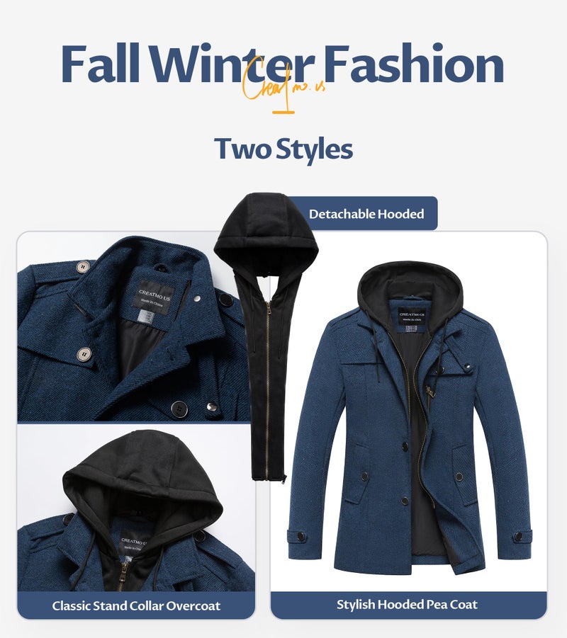 CREATMO US Men's Winter Pea Coat Hip Length Fall Winter Mens Wool Jacket Formal Slim Fit Business Overcoat For Men Navy Blue M - Image 4