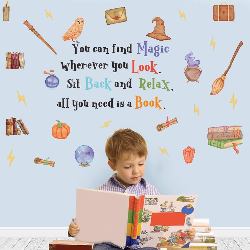 YIMEHDAN Magic Reading Book Wall Decal, You Can Find Magic Education Inspirational Quote Vinyl Wall Stickers, Removable Watercolor Reading Artwork for Kindergarten Classroom Llibrary Playroom Decor - Image 4