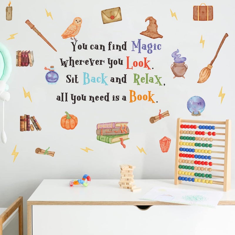 YIMEHDAN Magic Reading Book Wall Decal, You Can Find Magic Education Inspirational Quote Vinyl Wall Stickers, Removable Watercolor Reading Artwork for Kindergarten Classroom Llibrary Playroom Decor - Image 3