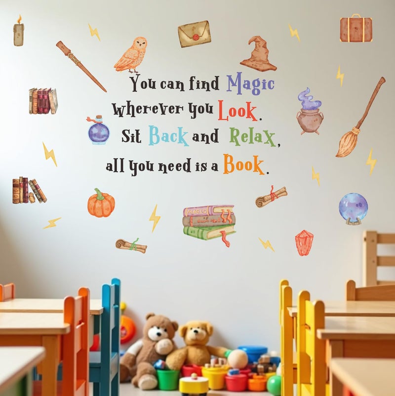 YIMEHDAN Magic Reading Book Wall Decal, You Can Find Magic Education Inspirational Quote Vinyl Wall Stickers, Removable Watercolor Reading Artwork for Kindergarten Classroom Llibrary Playroom Decor - Image 2