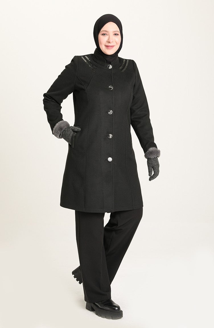 Sefa Merve Plus Size Cashmere Coat 0416-01 Black - Image 2