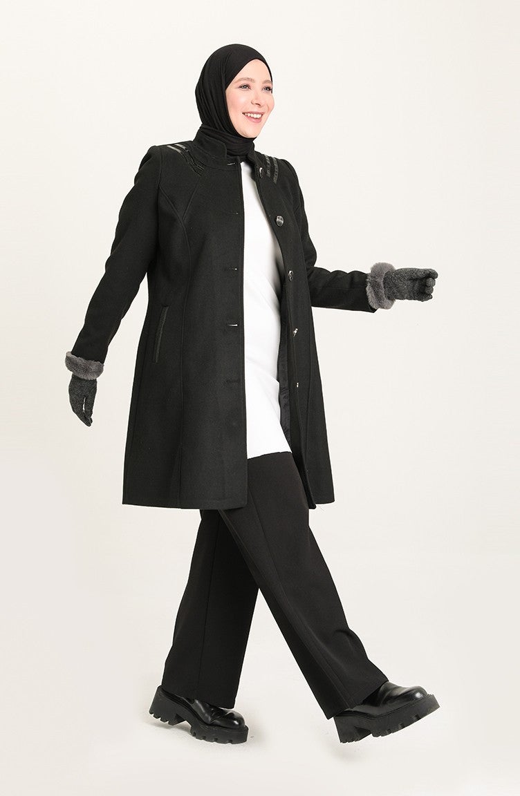 Sefa Merve Plus Size Cashmere Coat 0416-01 Black - Image 1