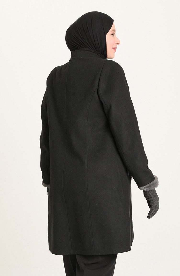 Sefa Merve Plus Size Cashmere Coat 0416-01 Black - Image 3