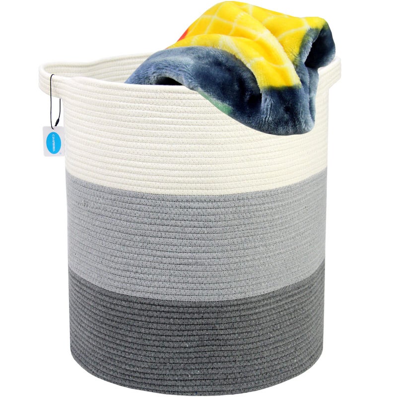 Casaphoria Cotton Rope Storage Basket For Organizing Round Blanket Basket Living Room Woven Laundry Basket With Handles For Bathroom Bedroom Stripe Woven Cotton Laundry Hamper Tall Laundry Basket - Image 5