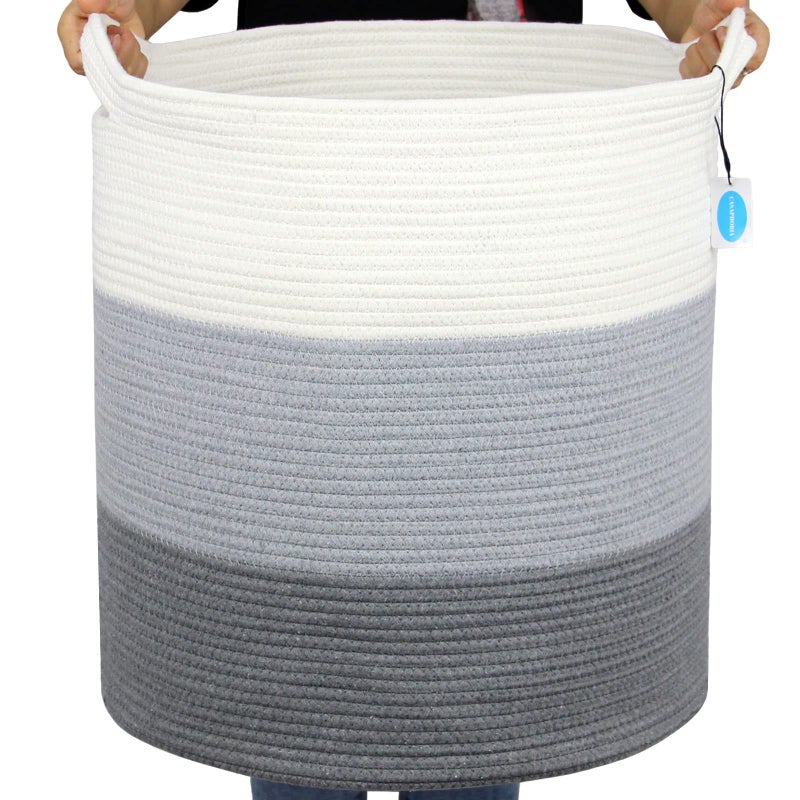 Casaphoria Cotton Rope Storage Basket For Organizing Round Blanket Basket Living Room Woven Laundry Basket With Handles For Bathroom Bedroom Stripe Woven Cotton Laundry Hamper Tall Laundry Basket - Image 1
