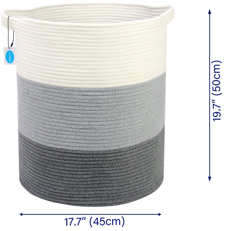 Casaphoria Cotton Rope Storage Basket For Organizing Round Blanket Basket Living Room Woven Laundry Basket With Handles For Bathroom Bedroom Stripe Woven Cotton Laundry Hamper Tall Laundry Basket - Image 4