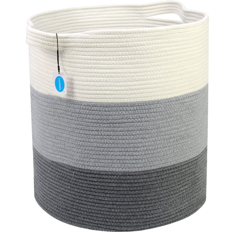 Casaphoria Cotton Rope Storage Basket For Organizing Round Blanket Basket Living Room Woven Laundry Basket With Handles For Bathroom Bedroom Stripe Woven Cotton Laundry Hamper Tall Laundry Basket - Image 2