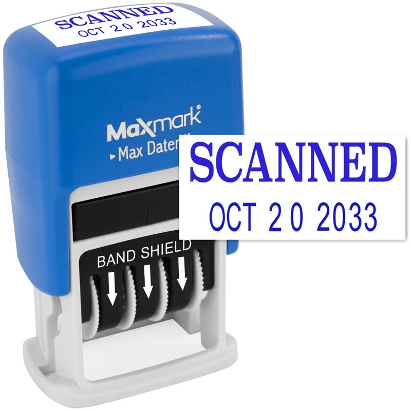 MaxMark SelfInking Rubber Date Office Stamp with Scanned Phrase  Date  Blue Ink Max Dater II 12Year Band
