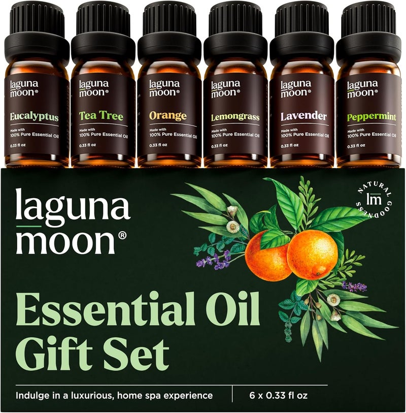 Lagunamoon Essential Oils Set - Top 6 Organic Blends for Diffusers, Home Care, Candle Making, Fragrance, Aromatherapy, Humidifiers, Gifts - Peppermint, Tea Tree, Lavender, Eucalyptus, Lemongrass, Orange (10mL) - Image 1
