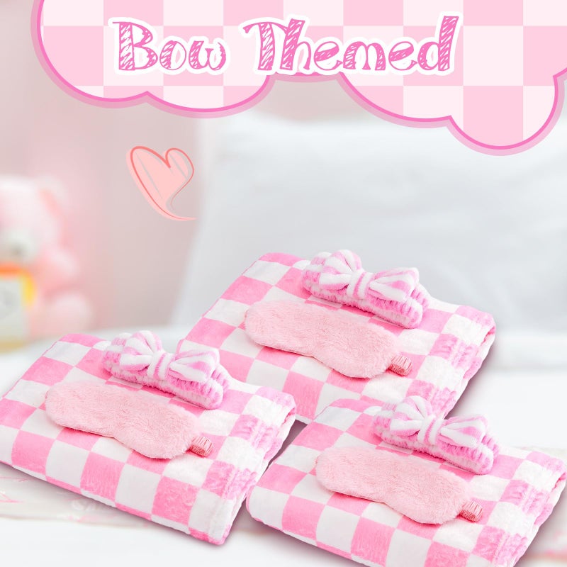 Fanfanwin 18 Pcs Sleepover Party Supplies for Girls, 6 Style Cute Pink Plaid Blanket 6 Coral Fleece Spa Headband 6 Plush Pink Eye Mask Cover for Slumber Sleepover Spa Party Gift - Image 5