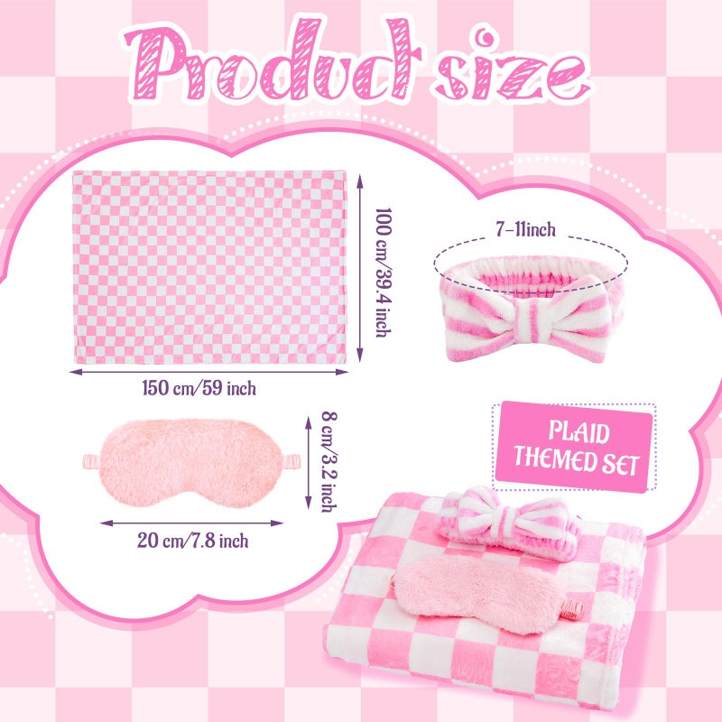 Fanfanwin 18 Pcs Sleepover Party Supplies for Girls, 6 Style Cute Pink Plaid Blanket 6 Coral Fleece Spa Headband 6 Plush Pink Eye Mask Cover for Slumber Sleepover Spa Party Gift - Image 2