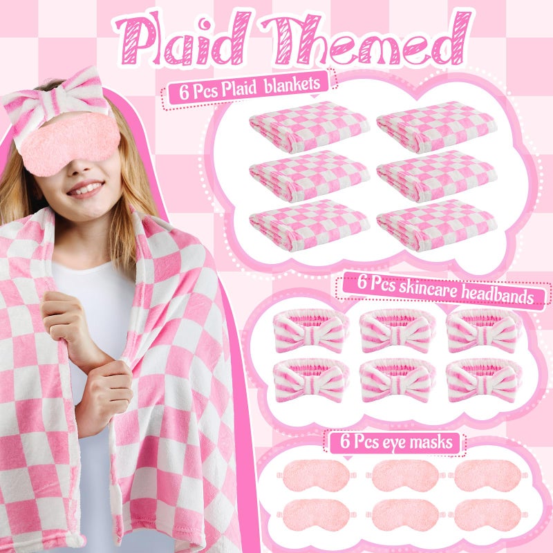 Fanfanwin 18 Pcs Sleepover Party Supplies for Girls, 6 Style Cute Pink Plaid Blanket 6 Coral Fleece Spa Headband 6 Plush Pink Eye Mask Cover for Slumber Sleepover Spa Party Gift - Image 3