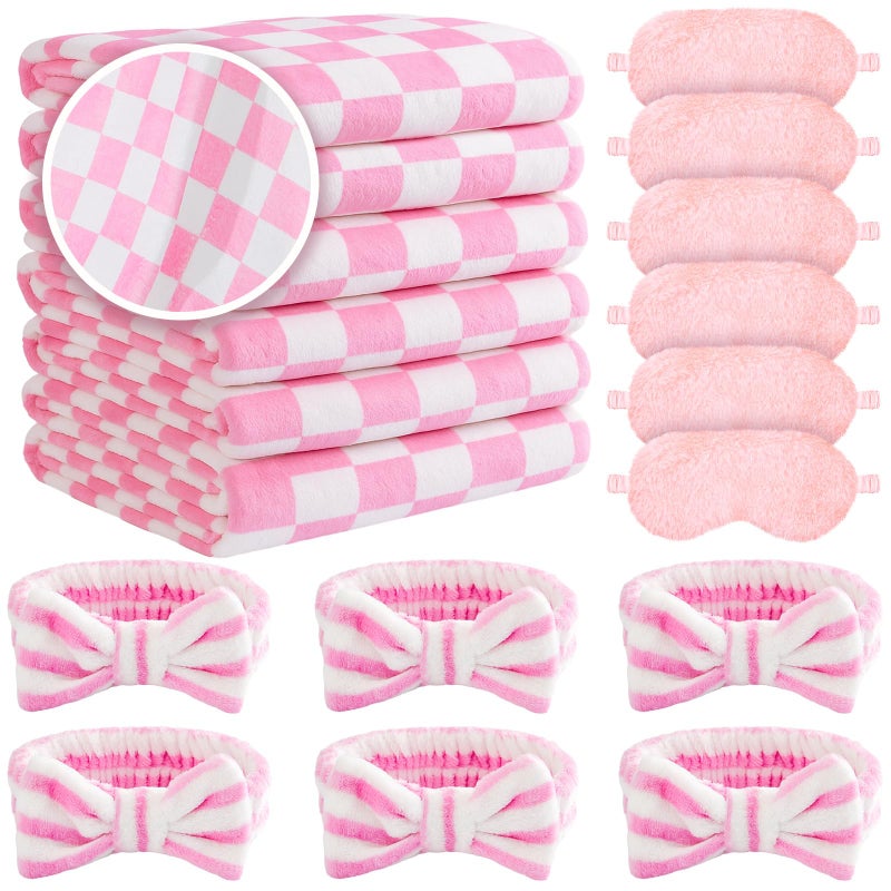 Fanfanwin 18 Pcs Sleepover Party Supplies for Girls, 6 Style Cute Pink Plaid Blanket 6 Coral Fleece Spa Headband 6 Plush Pink Eye Mask Cover for Slumber Sleepover Spa Party Gift - Image 1
