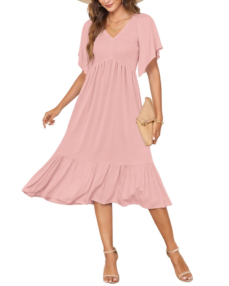 AUSELILY Women's Summer Empire Waist Dress Smocked Flutter Short Sleeve V Neck Midi Dresses 2026 New Light Pink L - Image 1