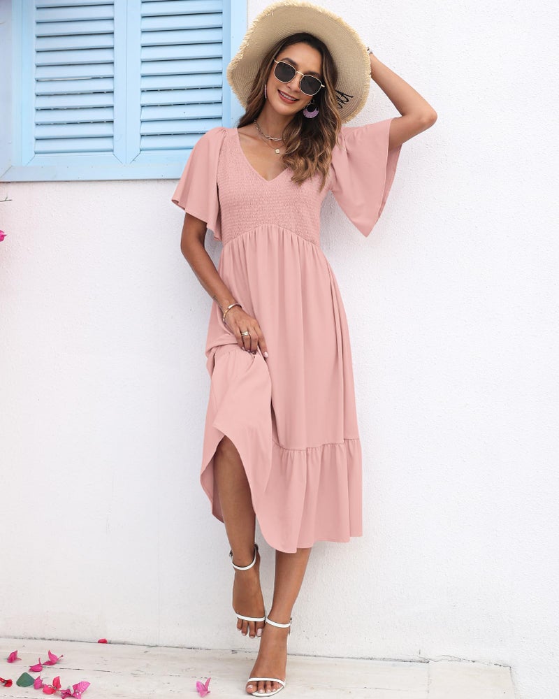AUSELILY Women's Summer Empire Waist Dress Smocked Flutter Short Sleeve V Neck Midi Dresses 2026 New Light Pink L - Image 4