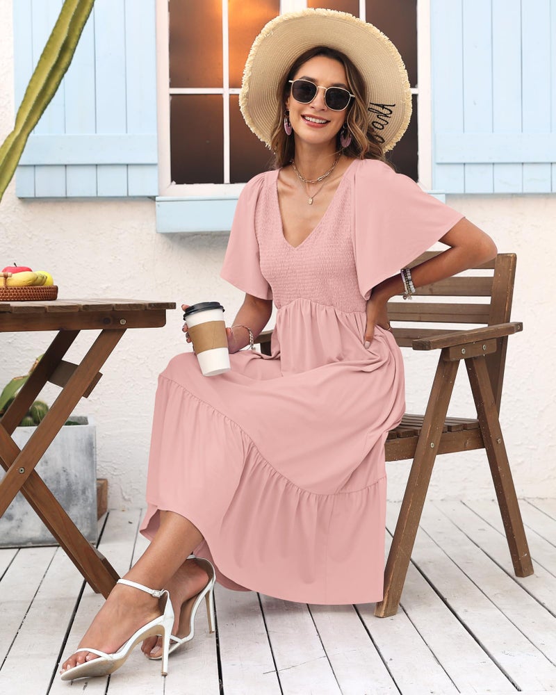 AUSELILY Women's Summer Empire Waist Dress Smocked Flutter Short Sleeve V Neck Midi Dresses 2026 New Light Pink L - Image 5
