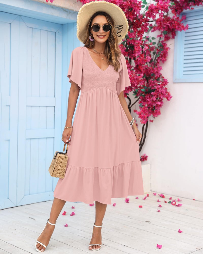 AUSELILY Women's Summer Empire Waist Dress Smocked Flutter Short Sleeve V Neck Midi Dresses 2026 New Light Pink L - Image 2