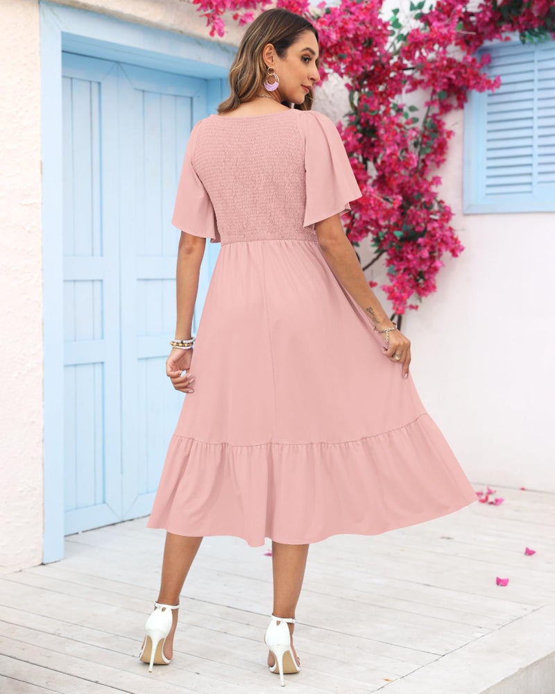 AUSELILY Women's Summer Empire Waist Dress Smocked Flutter Short Sleeve V Neck Midi Dresses 2026 New Light Pink L - Image 3