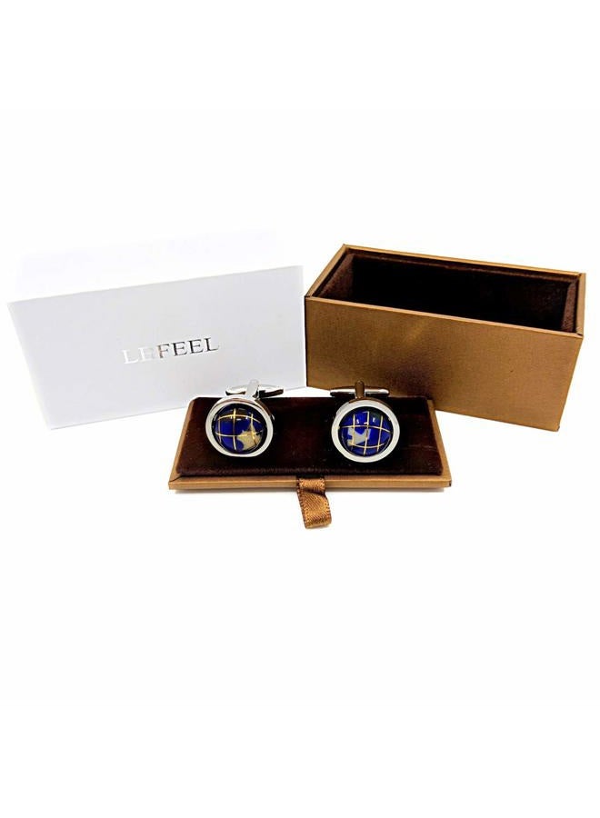 LBFEEL Really Spins Rhodium Plated Blue Globe Earth Cufflinks for Men with a Gift Box - Image 4