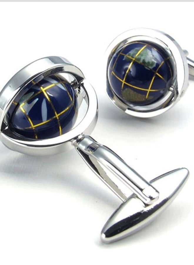 LBFEEL Really Spins Rhodium Plated Blue Globe Earth Cufflinks for Men with a Gift Box - Image 3
