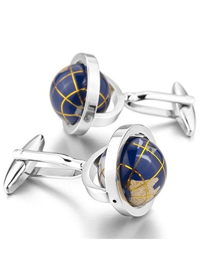 LBFEEL Really Spins Rhodium Plated Blue Globe Earth Cufflinks for Men with a Gift Box - Image 1