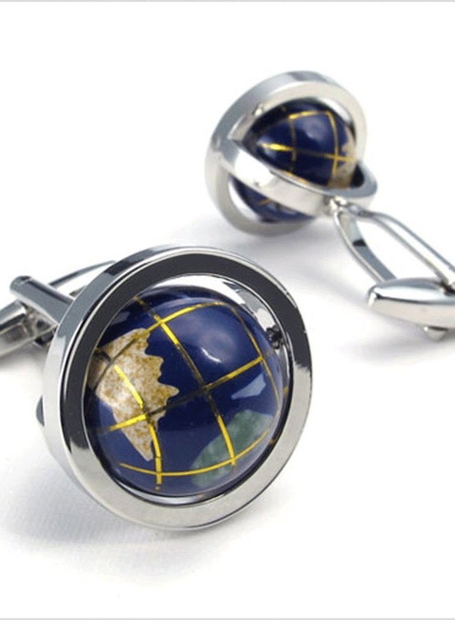 LBFEEL Really Spins Rhodium Plated Blue Globe Earth Cufflinks for Men with a Gift Box - Image 2
