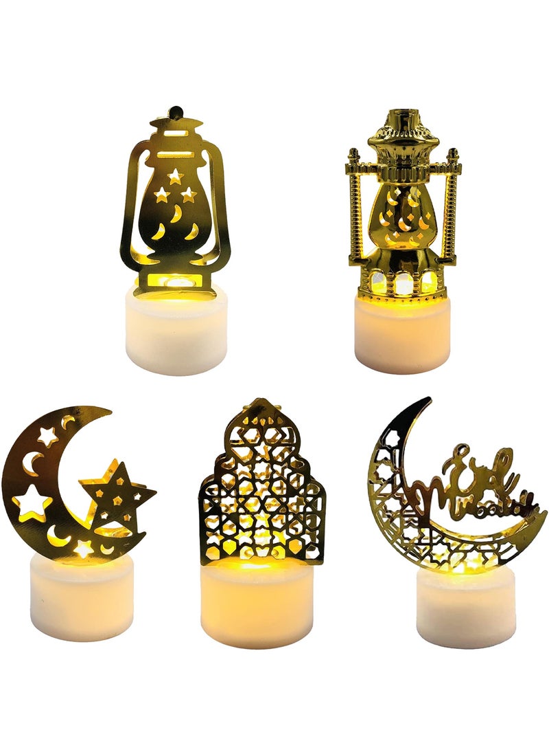 Pack of 5,Ramadan Light Ornaments,Moon Star Night Lights LED Candle Lantern Lights Tabletop Lamps Eid Decorations for Home Eid Party Wedding Party Gifts - Image 1