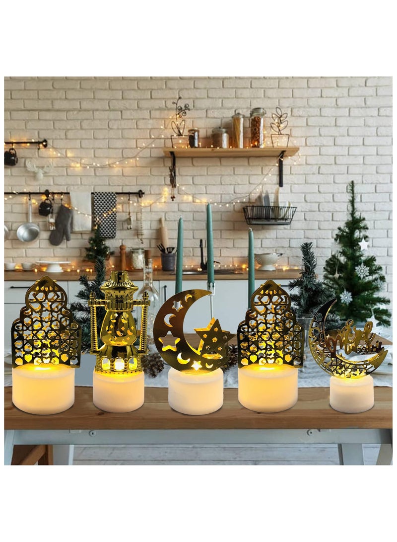 Pack of 5,Ramadan Light Ornaments,Moon Star Night Lights LED Candle Lantern Lights Tabletop Lamps Eid Decorations for Home Eid Party Wedding Party Gifts - Image 2