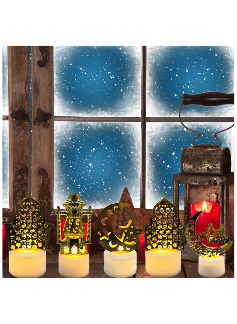 Pack of 5,Ramadan Light Ornaments,Moon Star Night Lights LED Candle Lantern Lights Tabletop Lamps Eid Decorations for Home Eid Party Wedding Party Gifts - Image 3