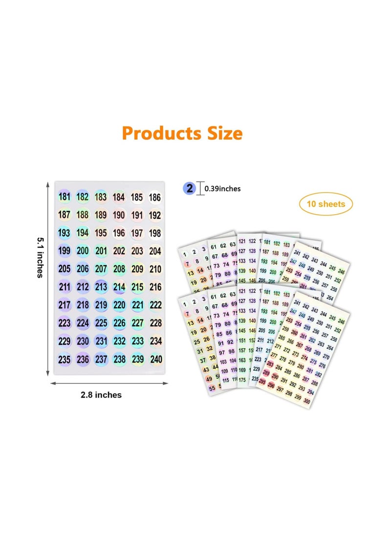 1 to 300 Round Reflective Laser Number Stickers 10 Set Self Adhesive Label Stickers Inventory Storage Organizing Sticker for DIY Craft Marking Numbering Manicure Tool 50Pcs 10mm