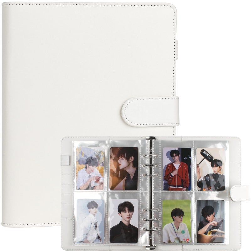 VACONICO A5 Kpop Photocard Binder, 6 Ring Binder Album with 200 Card Slots, PU Leather Binder Cover with Magnetic Buckle Closure for Organizing Trading Cards - White - Image 1