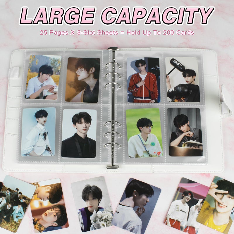 VACONICO A5 Kpop Photocard Binder, 6 Ring Binder Album with 200 Card Slots, PU Leather Binder Cover with Magnetic Buckle Closure for Organizing Trading Cards - White - Image 3