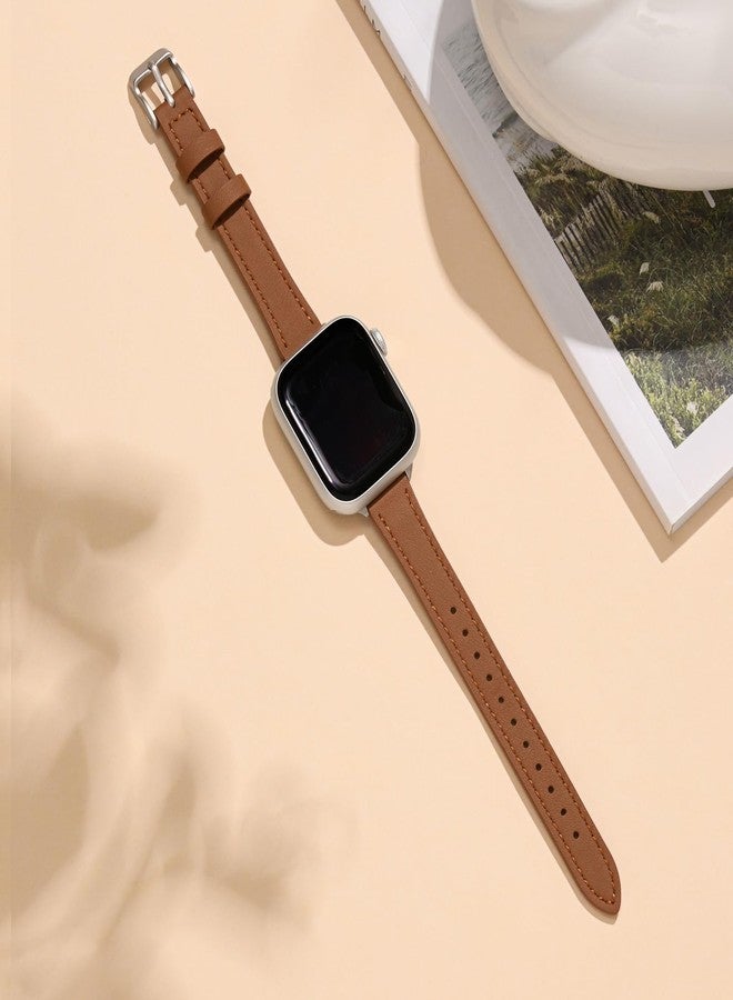سوار جلدي رفيع من STIROLL متوافق مع ساعة Apple Watch مقاس 38 مم، 40 مم، 41 مم، 42 مم (السلسلة 10) للنساء، سوار معصم رفيع من الجلد الطبيعي عالي الجودة لساعة iWatch SE من السلسلة 9، 8، 7، 6، 5، 4، 3، 2، 1 (بني لامع) - Image 4
