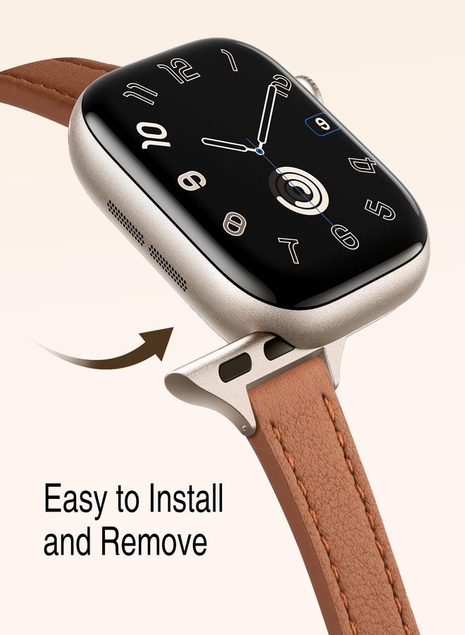 سوار جلدي رفيع من STIROLL متوافق مع ساعة Apple Watch مقاس 38 مم، 40 مم، 41 مم، 42 مم (السلسلة 10) للنساء، سوار معصم رفيع من الجلد الطبيعي عالي الجودة لساعة iWatch SE من السلسلة 9، 8، 7، 6، 5، 4، 3، 2، 1 (بني لامع) - Image 3