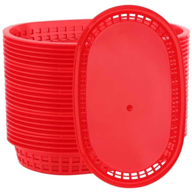 MANCHAP 50 Pack 106 x 7 Inches Plastic Fast Food Serving Baskets Oval Plastic Food Basket for Bread Fruits Hot Dogs BBQ Fries Red