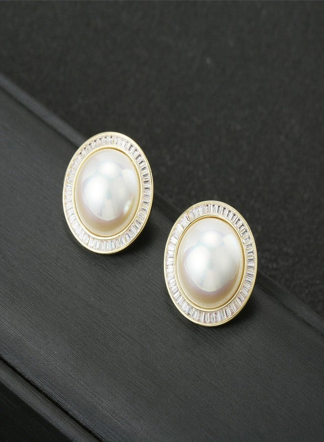 Xalroco Pearl Stud Earrings, Big Pearl Earrings for Women, Cubic Zirconia/Rhinestone/Twisted Gold Stud Jewelry (CZ) - Image 2