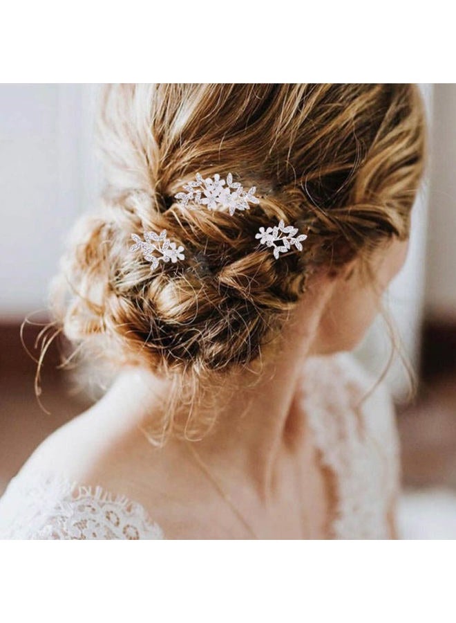 Foyte دبابيس شعر زفاف كريستالية مزينة بالزهور لرأس العروس مع أوراق وزخارف من الراينستون، إكسسوارات شعر فضية للنساء - Image 3