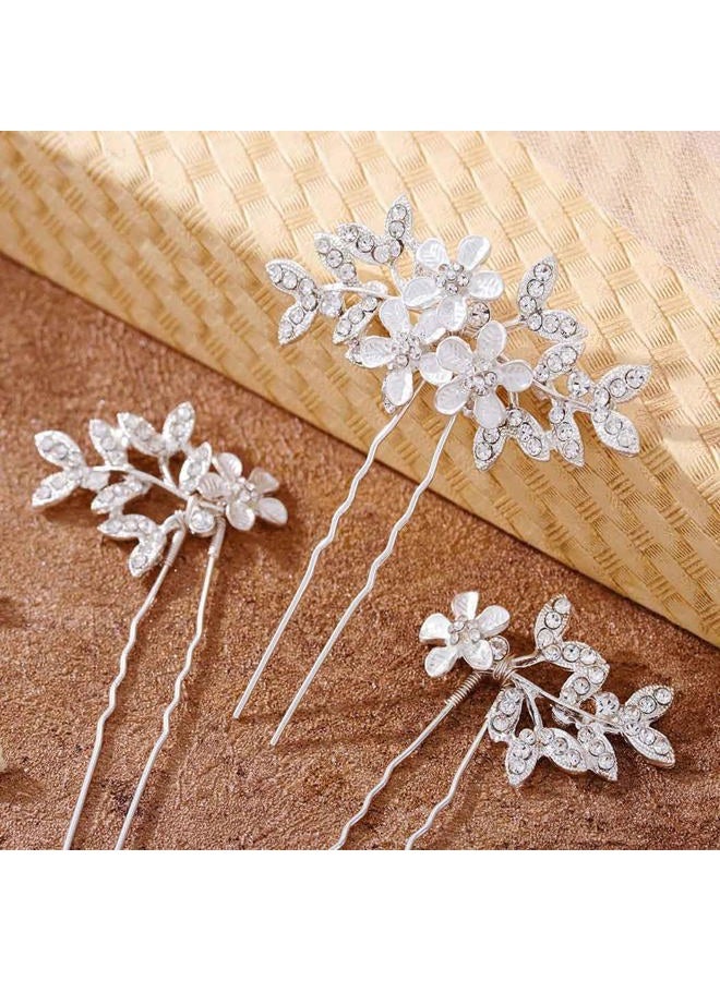 Foyte دبابيس شعر زفاف كريستالية مزينة بالزهور لرأس العروس مع أوراق وزخارف من الراينستون، إكسسوارات شعر فضية للنساء - Image 1