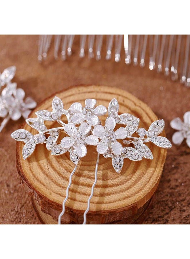 Foyte دبابيس شعر زفاف كريستالية مزينة بالزهور لرأس العروس مع أوراق وزخارف من الراينستون، إكسسوارات شعر فضية للنساء - Image 5