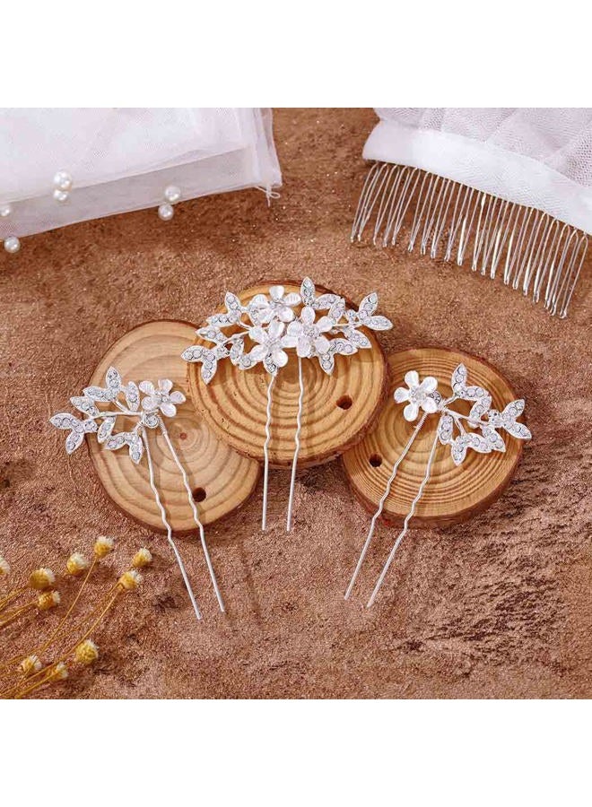 Foyte دبابيس شعر زفاف كريستالية مزينة بالزهور لرأس العروس مع أوراق وزخارف من الراينستون، إكسسوارات شعر فضية للنساء - Image 2