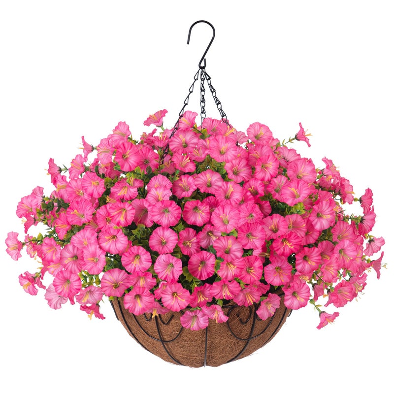 Ivydale Artificial Faux Hanging Plants Flowers Basket for Outdoors Outside Spring Summer Decoration, Silk Pink Morning Glory in Planter UV Resistant Look Real Fake Flowers for Porch Patio Balcony Home Yard - Image 1