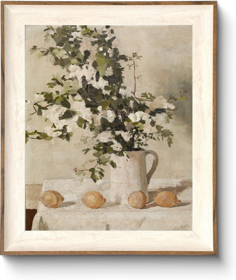 ASTRDECOR Framed Vintage Wall Art, Farmhouse Wall Decor White Flowers Canvas Oil Painting, Vintage Kitchen Decor Floral Wall Art Lemon Botanical North Art Prints for Kitchen Bedroom - 10''x 12'' - Image 1