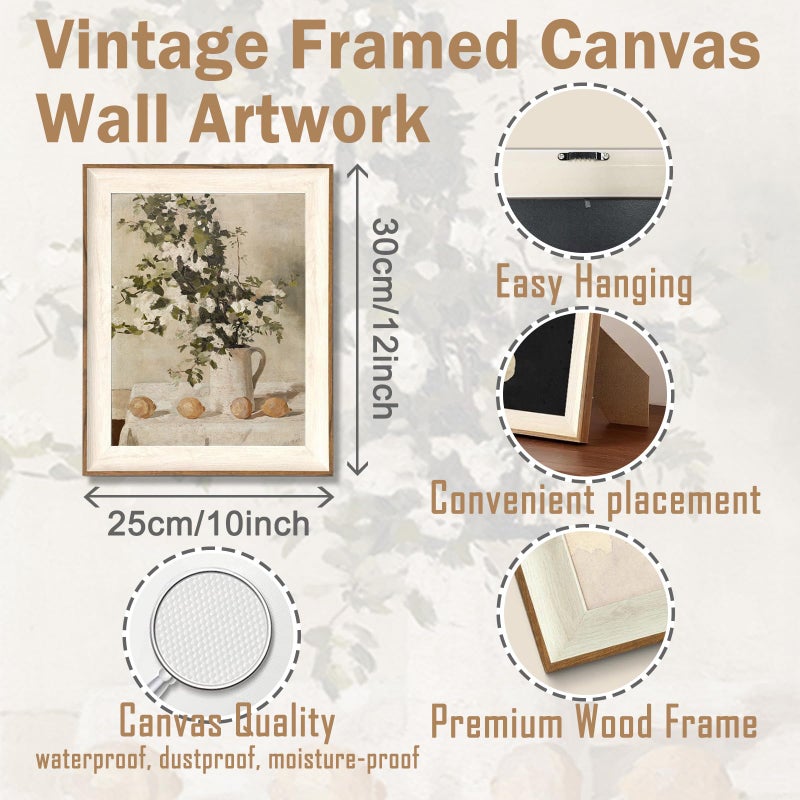 ASTRDECOR Framed Vintage Wall Art, Farmhouse Wall Decor White Flowers Canvas Oil Painting, Vintage Kitchen Decor Floral Wall Art Lemon Botanical North Art Prints for Kitchen Bedroom - 10''x 12'' - Image 2